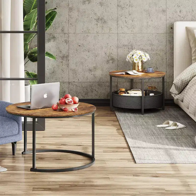 GALAXHERO 2er-Set verschachtelbare runde Couchtische – 31,5-cm-Beistelltische mit Ablagefach und Metallgestell für Wohnzimmer/Wohnung