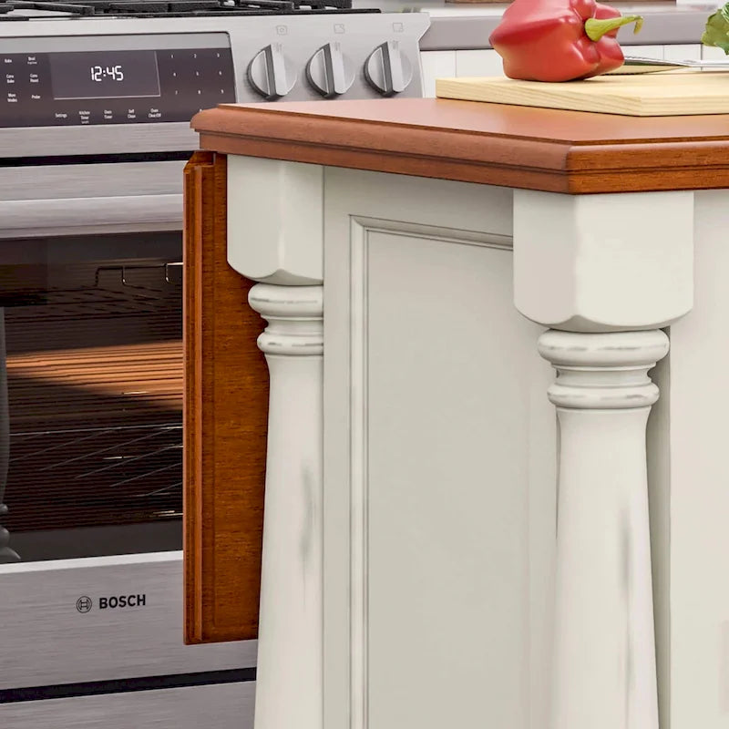 Homestyles Monarch 3-teiliges Kücheninsel-Set aus cremeweißem Holz mit ausklappbarer Holzplatte – 48 x 25 x 36