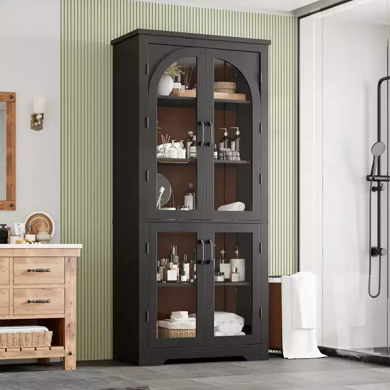 178 cm hoher Küchenschrank, moderner Vitrinenschrank mit 4 gewölbten Glastüren und verstellbaren Einlegeböden, für Küche, Wohnzimmer, Esszimmer, Badezimmer