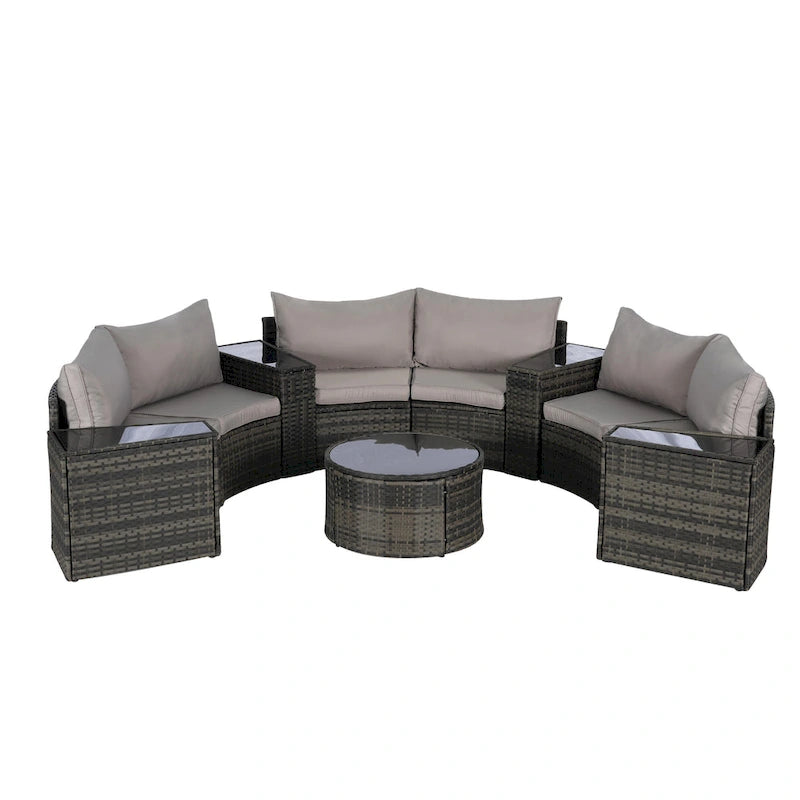 11-teiliges modulares Outdoor-Sofa-Set mit halbrunden Elementen, Couchtisch aus gehärtetem Glas und 4 Beistelltischen