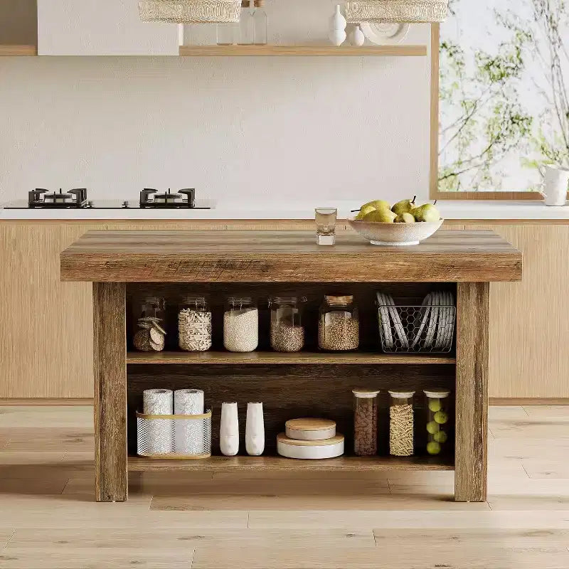 Lantine 55 Zoll Kücheninsel mit Stauraum, 3-stöckiger stationärer Küchentisch aus Holz, moderner Bartisch mit Ablagefach für die Küche, rustikales Braun