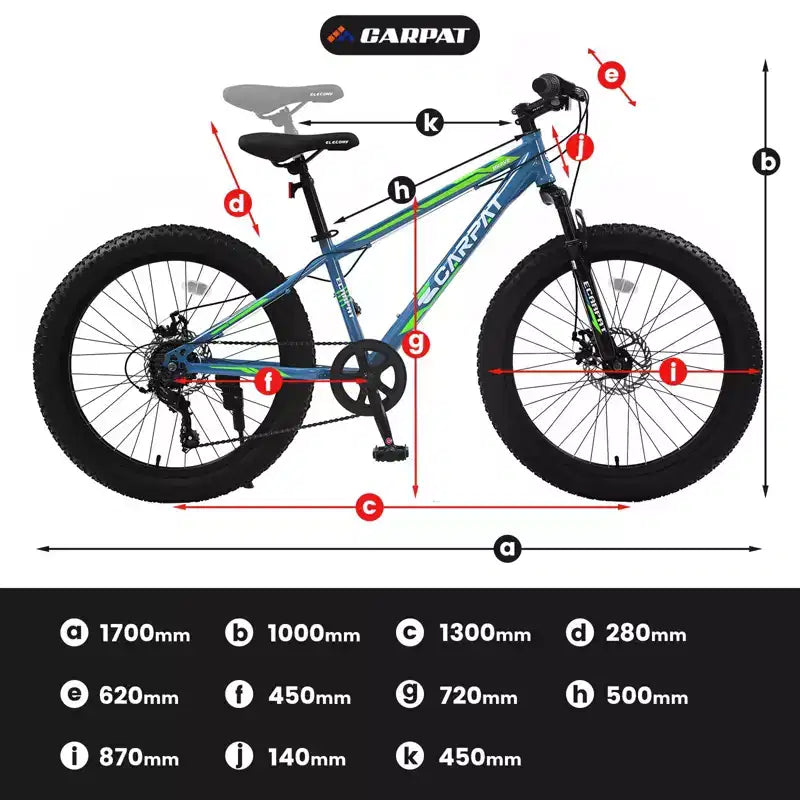 Okak 24-Zoll-Fatbike mit Vordergabel-Federung, 7-Gang-Mountainbike mit Scheibenbremsen und Rahmen aus kohlenstoffreichem Stahl, Trailbike für den täglichen Arbeitsweg