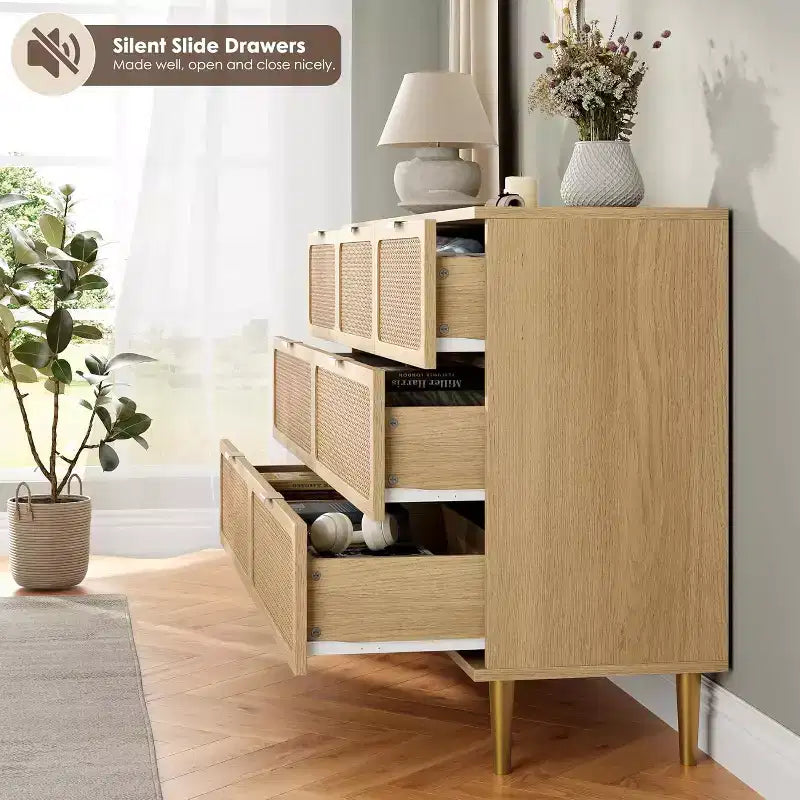 Rattan Kommode mit 7 Schubladen für das Schlafzimmer, hoher Schrank mit tiefen Schubladen, große Kommode für den Kleiderschrank mit breiter Ablagefläche, Holzkommode für das Wohnzimmer