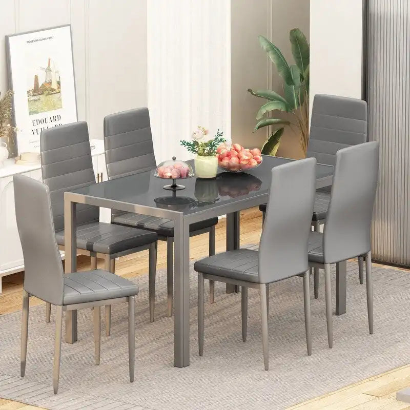 Grondin 7-teiliges Esszimmer-Set im modernen Stil mit Tischplatte aus gehärtetem Glas und 6 Stühlen mit PU-Lederpolsterung