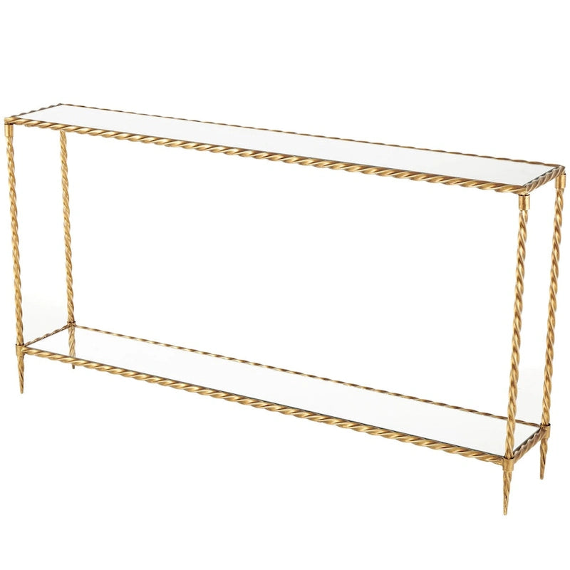 Konsole mit 1 Ablage im Stil eines gedrehten Metallseils mit verspiegelter Glasplatte und Ablage - Gold - Roche River Decor