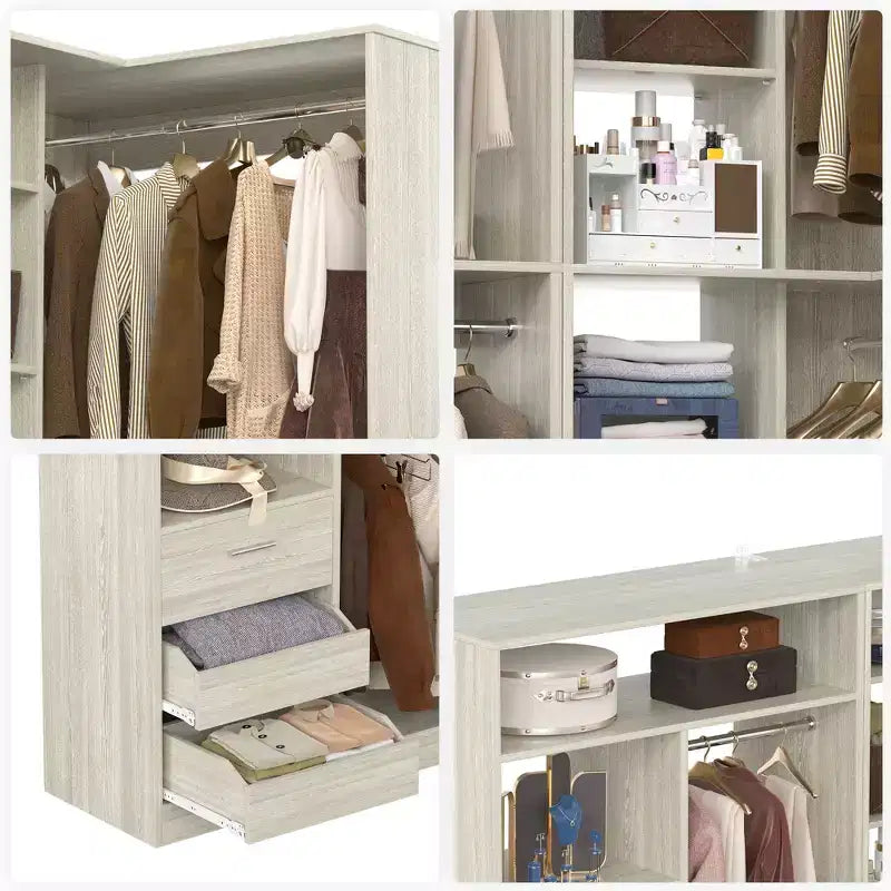 Besiost 2er-Set Eckschranksystem mit Turmregal, freistehender Kleiderschrank-Organizer mit Schubladen