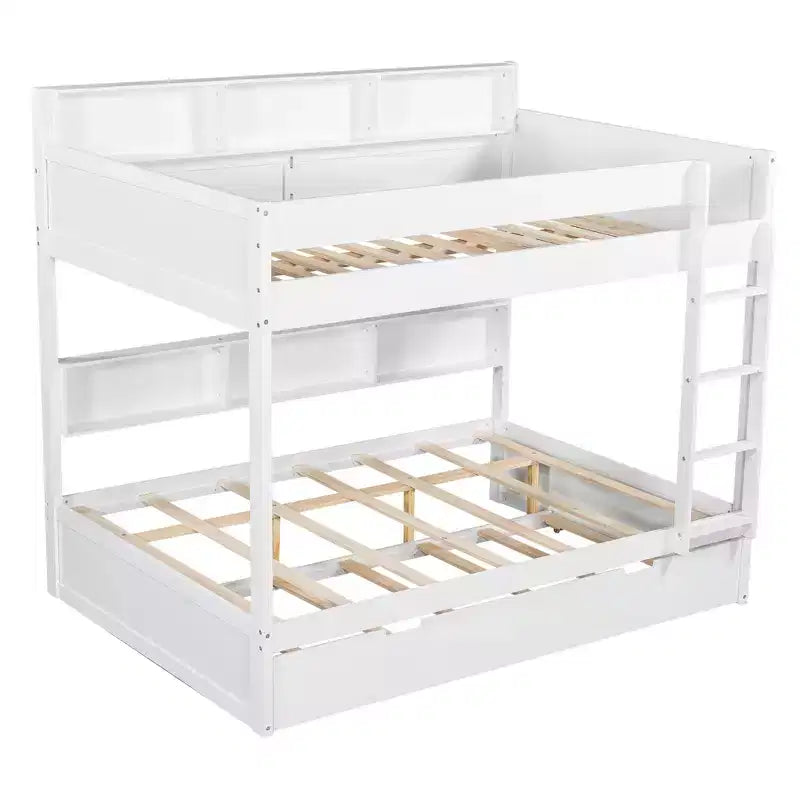 Luxystar modernes Etagenbett mit zwei vollwertigen Liegeflächen, Regalen und Ausziehbett