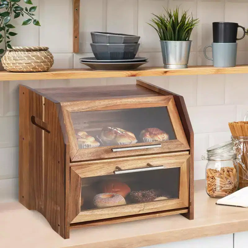 Brotkasten, zweistöckige Brotdose aus Akazienholz mit transparenter Acryl-Türblende, Lüftungsschlitzen, Brotaufbewahrung für die Küchenarbeitsplatte, rustikaler brauner Brotkasten