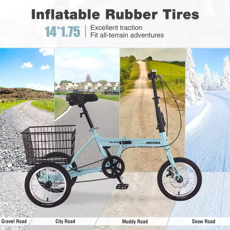 NAYSAYE Faltbares 3-Rad-Tretfahrrad für Erwachsene mit Korb, klappbarem Stahlrahmen und großer Tragkraft, Hellblau, 53,54*23,23*39,49