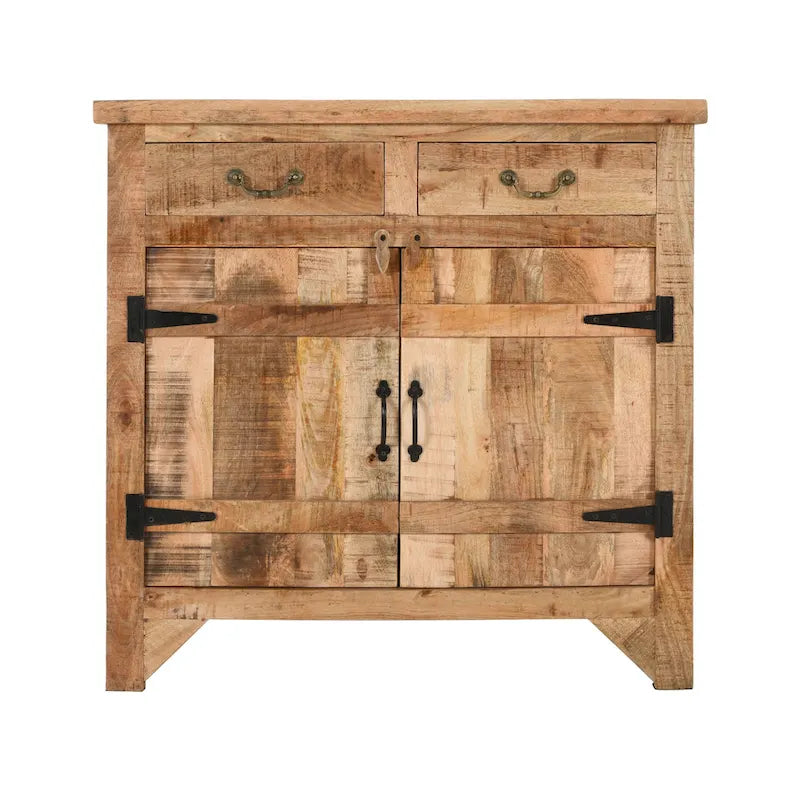 99 cm handgefertigte Farmhouse-Konsole aus Mangoholz, mit 2 Schubladen und 2 Türen, rustikales Braun