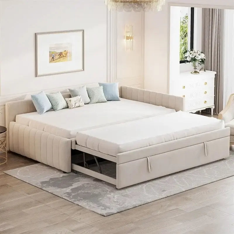 Gepolstertes Daybed mit Twin-Size-Pop-up-Schlafsofa, Full-Size-Daybed-Rahmen, Sofa mit L-förmiger Rückenlehne und gestreiftem Design