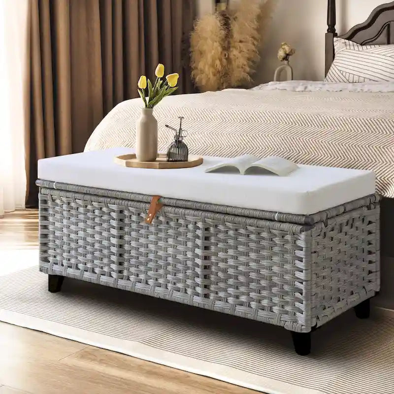Weiden-Sitzbank mit Kissen für Schlafzimmer, Wohnzimmer, Veranda – 47 cm H x 110 cm B x 47 cm T