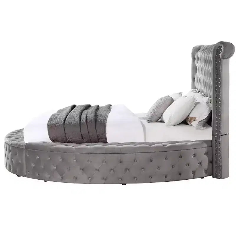 109 Queen-Bett Gaiva Bett Grauer Samt - Acme Furniture: Elegantes Design mit Nagelköpfen und Knopfheftung, Rahmen aus Holzwerkstoff