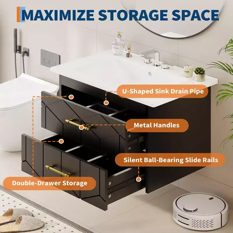 Modernes hängendes Badezimmer-Waschtischset mit Waschbecken – Wandmontierter Unterschrank mit Soft-Close-Schublade und goldenem Griff, Größe 24 oder 30 Zoll