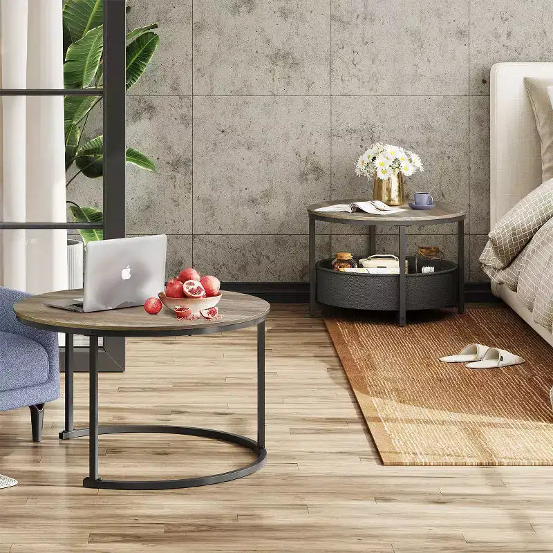 GALAXHERO 2er-Set verschachtelbare runde Couchtische – 31,5-cm-Beistelltische mit Ablagefach und Metallgestell für Wohnzimmer/Wohnung