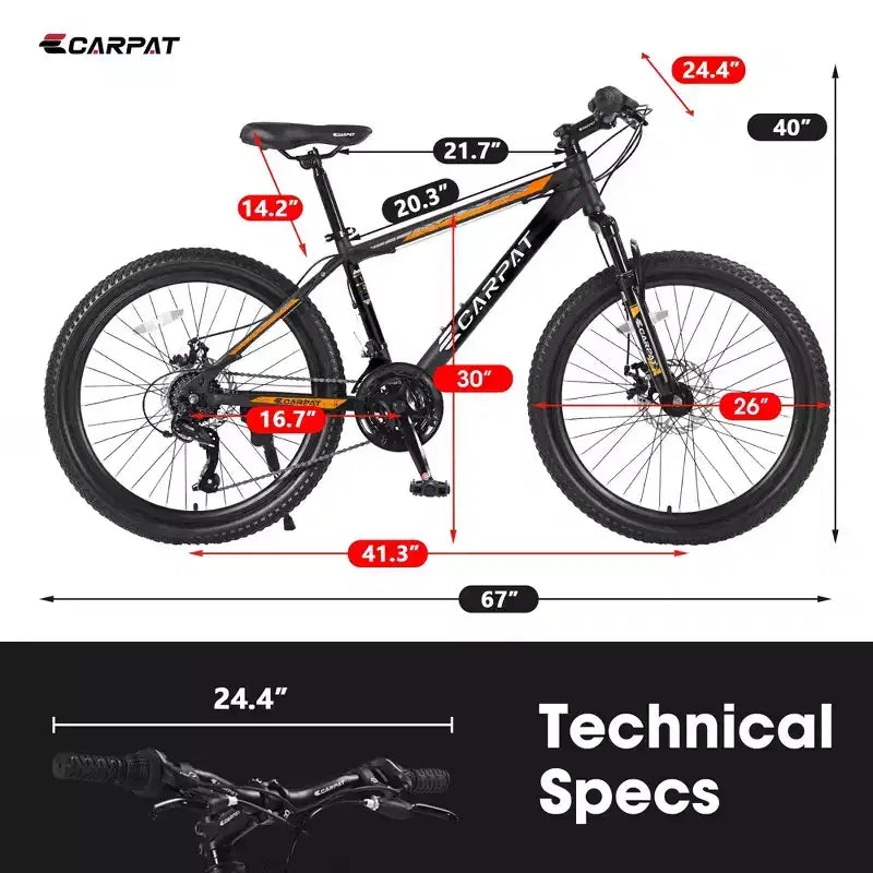 Okak 26 Zoll Mountainbike mit 21 Gängen und Scheibenbremsen, Kinder-Dirtbike mit Rahmen aus kohlenstoffreichem Stahl, Herrenfahrrad für Erwachsene & Jugendliche