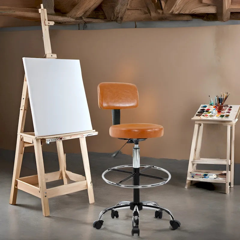 Höhenverstellbarer Zeichentisch-Hocker – Mit Premium-Leder, Laufrollen