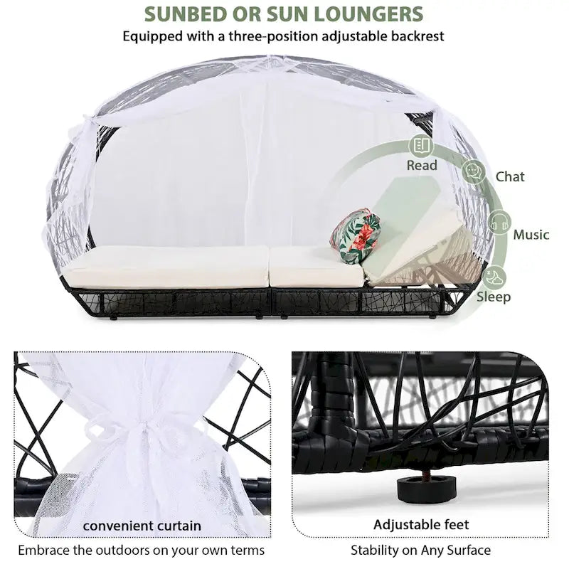 Oaks Aura Outdoor, Sonnenliege mit Polster, Vorhang und buntem Kissen, Lounge-Sessel aus Korbgeflecht, verstellbare Gartenliegen
