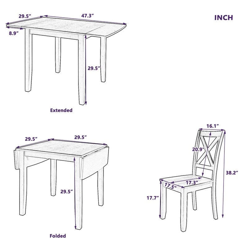 3-teiliges Essgruppe-Set aus Holz mit klappbarem Frühstückstisch und 2 X-Back-Stühlen für kleine Räume