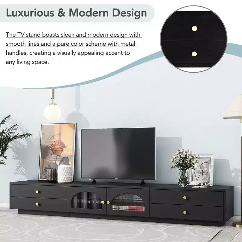TV-Ständer für 95-Zoll-Fernseher, extra lange Medienkonsole mit 2 Türen und 4 Schubladen, großer TV-Schrank mit geriffelten Glastüren

