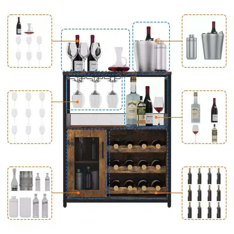Grauer 3-stöckiger industrieller Weinbarschrank (12+ Flaschen), 91,4 H x 61 B x 38,1 T cm, abnehmbares Regal, 9 Glashalter & verstellbare Einlegeböden für Zuhause/Bar