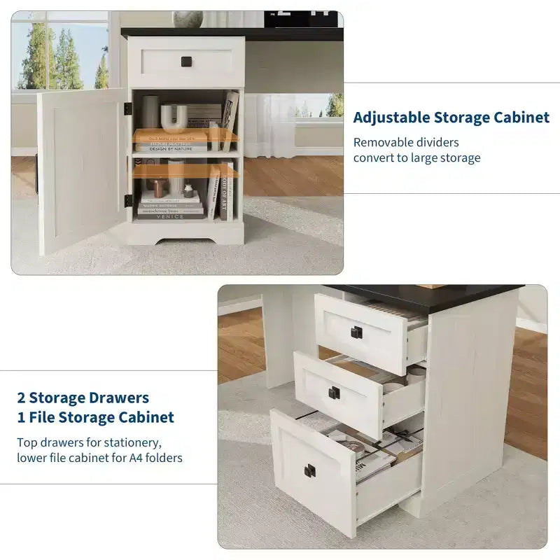 60 Zoll L-förmiger Executive-Schreibtisch im Landhausstil, Eck-Schreibtisch für das Home-Office mit Aktenschublade, Aufbewahrungsschrank & verstellbarem Fachboden