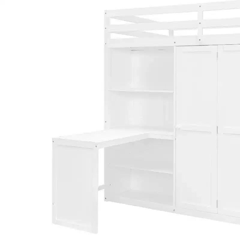 Whisen Hochbett in voller Größe mit Kleiderständern, klappbaren Regalen und Schreibtischen für ein organisiertes Zuhause