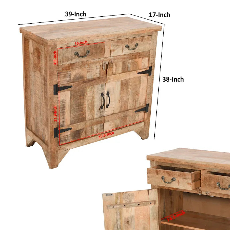 99 cm handgefertigte Farmhouse-Konsole aus Mangoholz, mit 2 Schubladen und 2 Türen, rustikales Braun