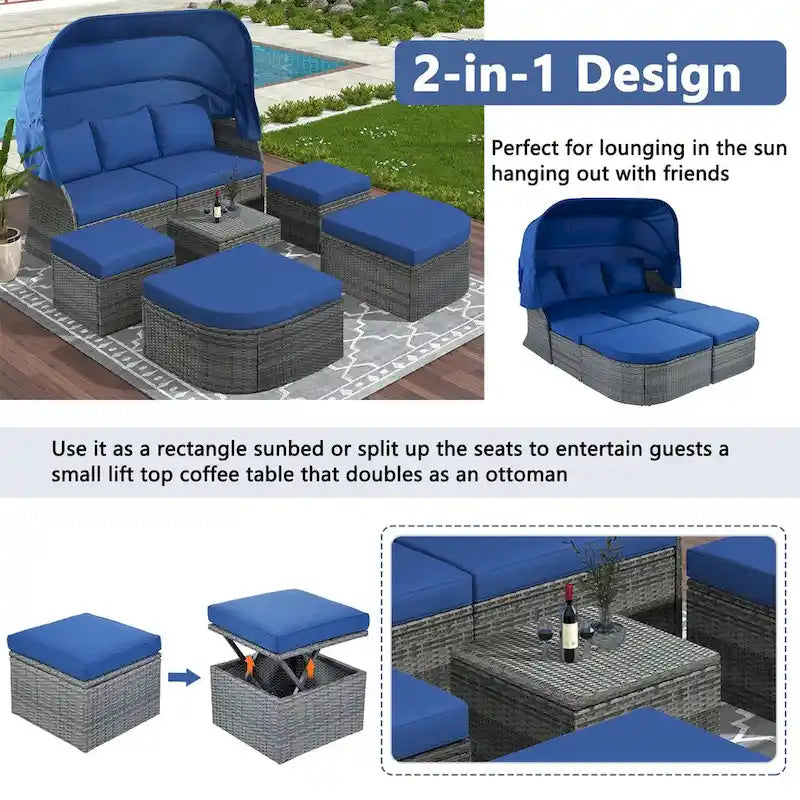 Graues Outdoor-Tagesbett aus Korbgeflecht mit Polstern und ausziehbarem Sonnendach
