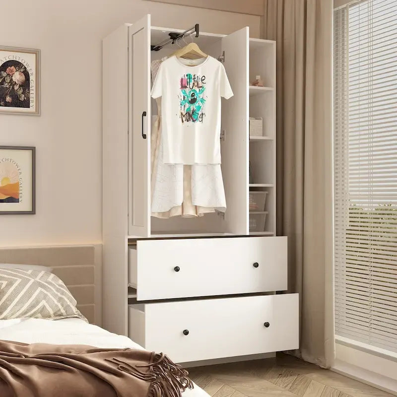 Kleiderschrank mit Spiegel, verstellbarer Kleiderstange und platzsparendem Design