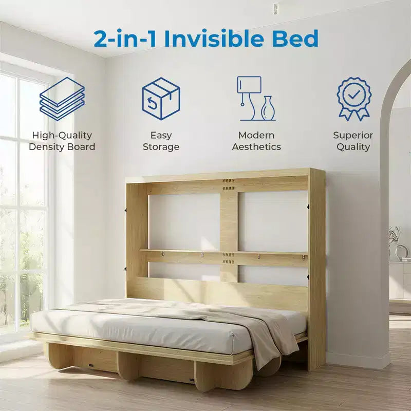 2-in-1 Unsichtbares Murphy-Bett mit Ablagefächern, Queen-Size, Naturholz (Matratze nicht enthalten)