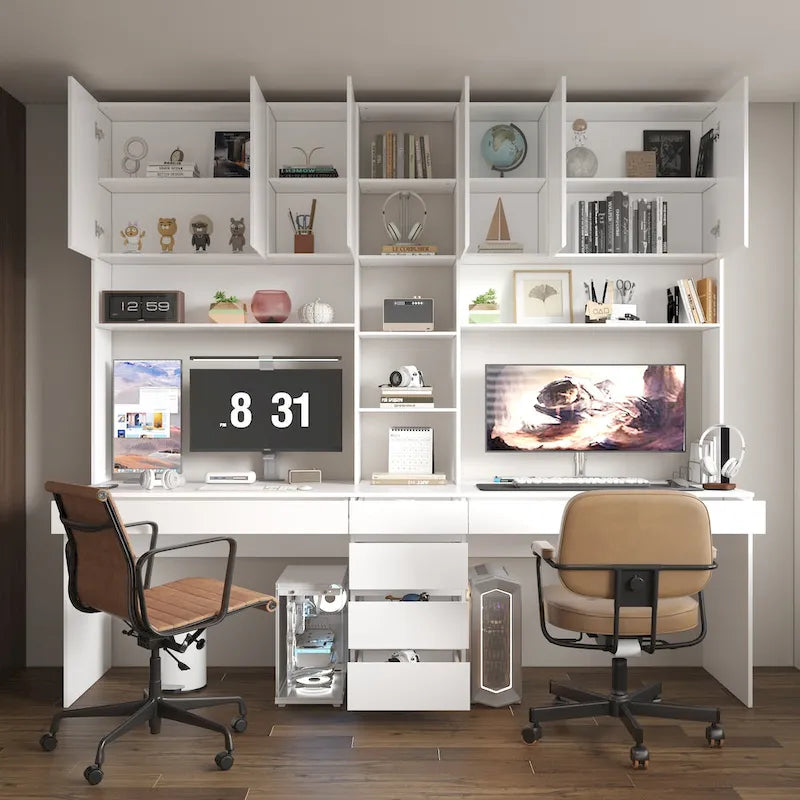 Moderner Doppel-Arbeitsplatz, geräumiger weißer Gaming- und Bürotisch