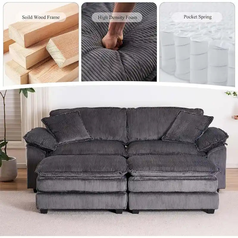 Modernes 2-Sitzer-Sofa aus Cord mit 4 Stützkissen und 2 Hockern