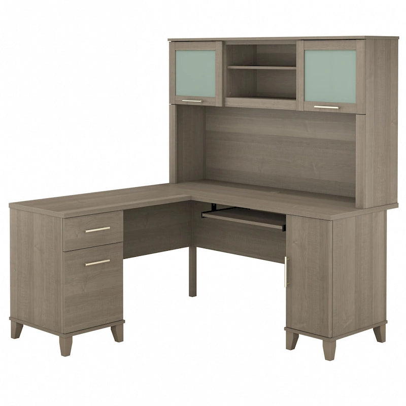 Bush Furniture Somerset 60 Zoll breiter L-förmiger Schreibtisch mit Aufsatzregal und Stauraum