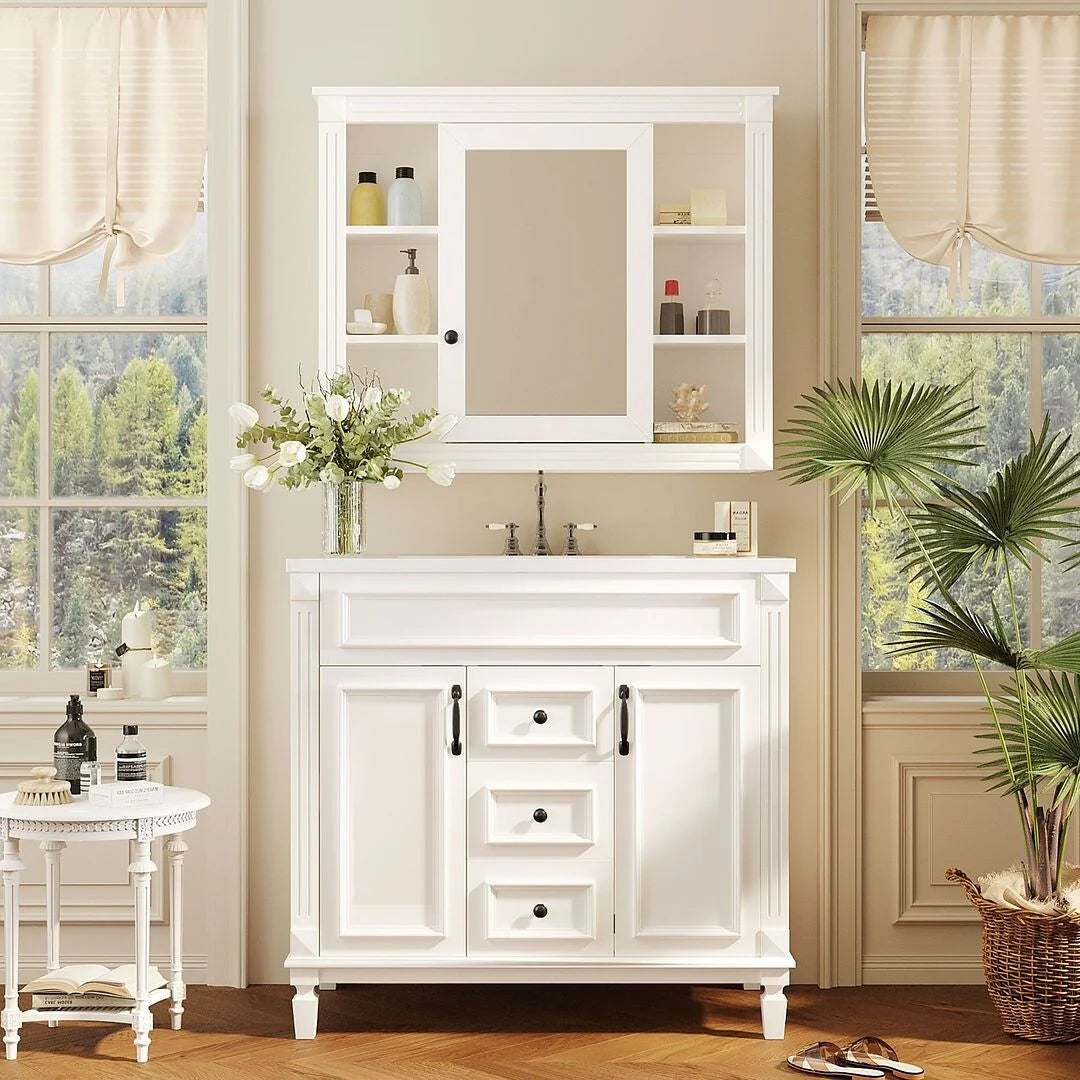 36" Moderner Badezimmer-Waschtisch mit Aufsatzwaschbecken und Spiegelschrank, 2 Türen und 2 Schubladen