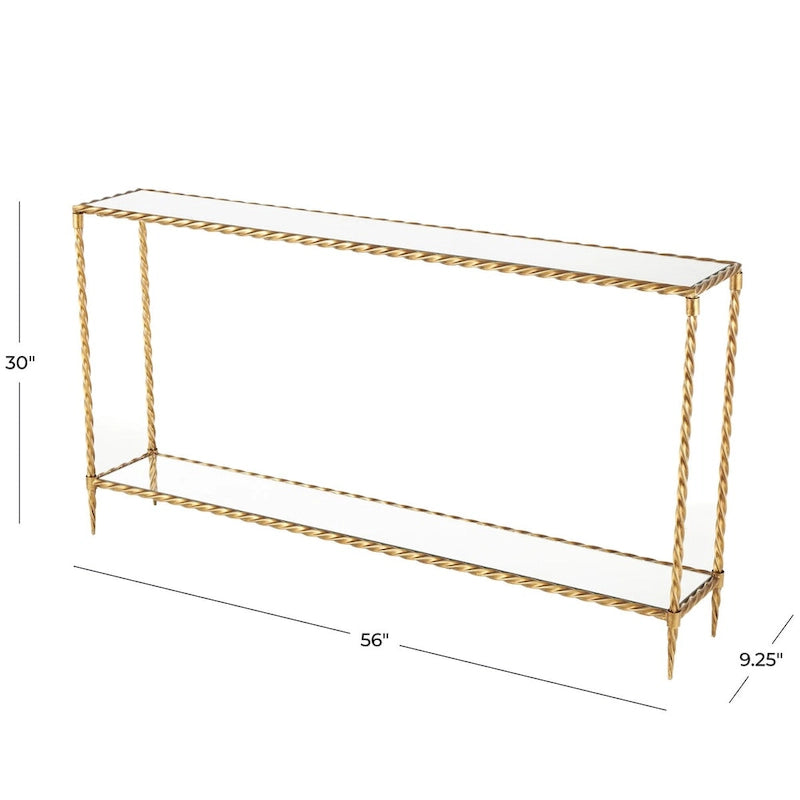 Konsole mit 1 Ablage im Stil eines gedrehten Metallseils mit verspiegelter Glasplatte und Ablage - Gold - Roche River Decor