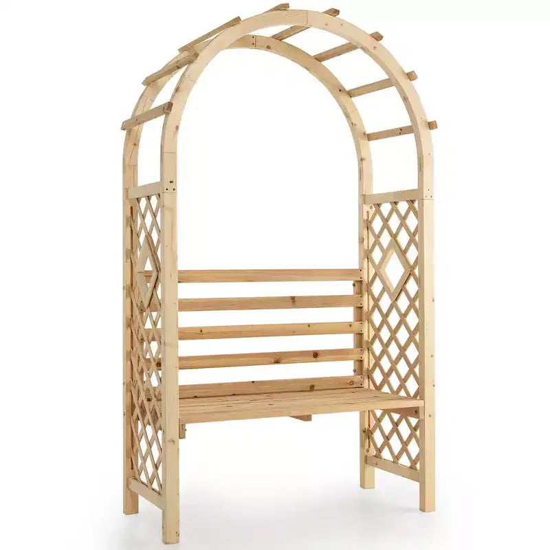Costway Gartenbank aus Holz mit Rundbogen-Pergola, Gartenpavillon mit Rückenlehne, Terrassen-Rankgerüst