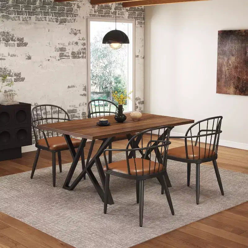 5-teiliges Esstisch-Set mit 4 Essstühlen und rundem/eckigem Tisch, Schwarz+Natur/Walnuss-ModernLuxe