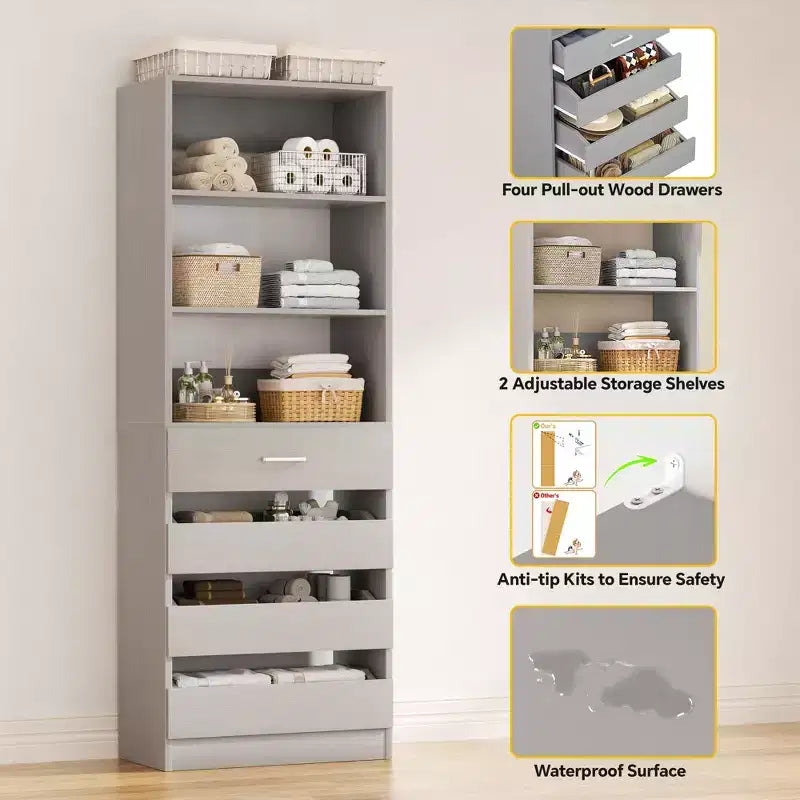 Schrankorganisationssystem mit Holzschubladen und Regalen