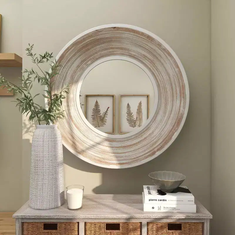35x35 Wandspiegel aus Holz mit weiß gekalkter Optik in Creme – Olivia & May: Keine Montage erforderlich, MDF-Rahmen, für den Innenbereich