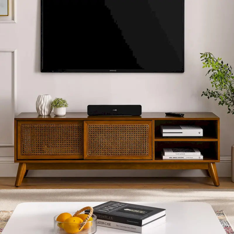 Vintage Rattan TV-Schrank mit 2 Staufächern und 4 Holzbeinen für Wohnzimmer, Schlafzimmer und Büro