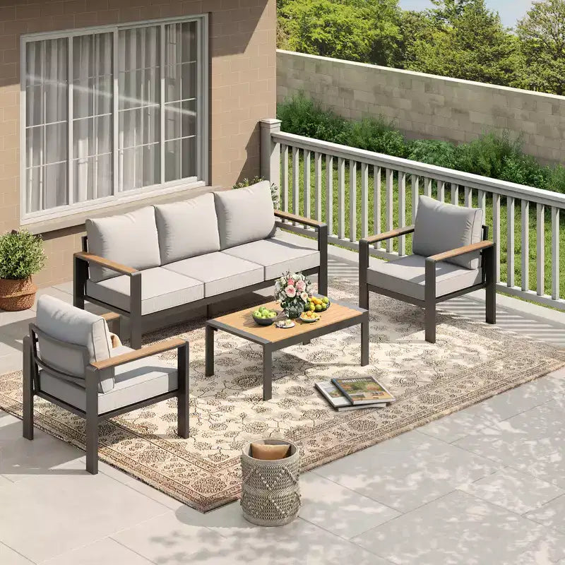 Aluminium-Terrassenmöbel-Set, Outdoor-Ecksofa mit 5 dicken Kissen, 4 Armlehnen & Couchtisch für Garten, Terrasse, Hinterhof
