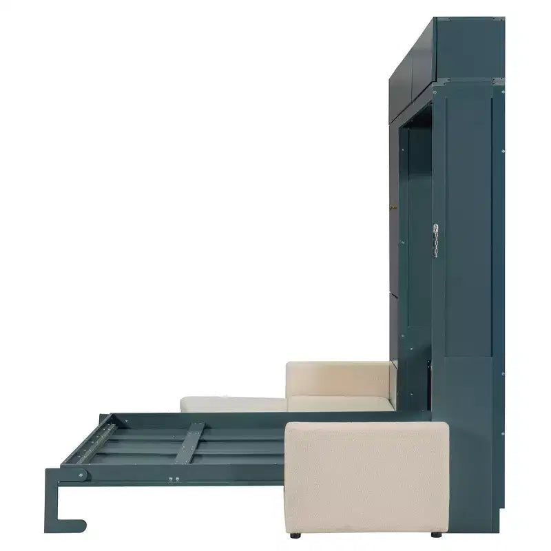 Schrankbett in Queen-Size mit Sofa und Schrank, hölzernes Queen-Size-Schrankbett als Wandbett mit Regalen, klappbares Wand-Schrankbett für Gästezimmer und Büro