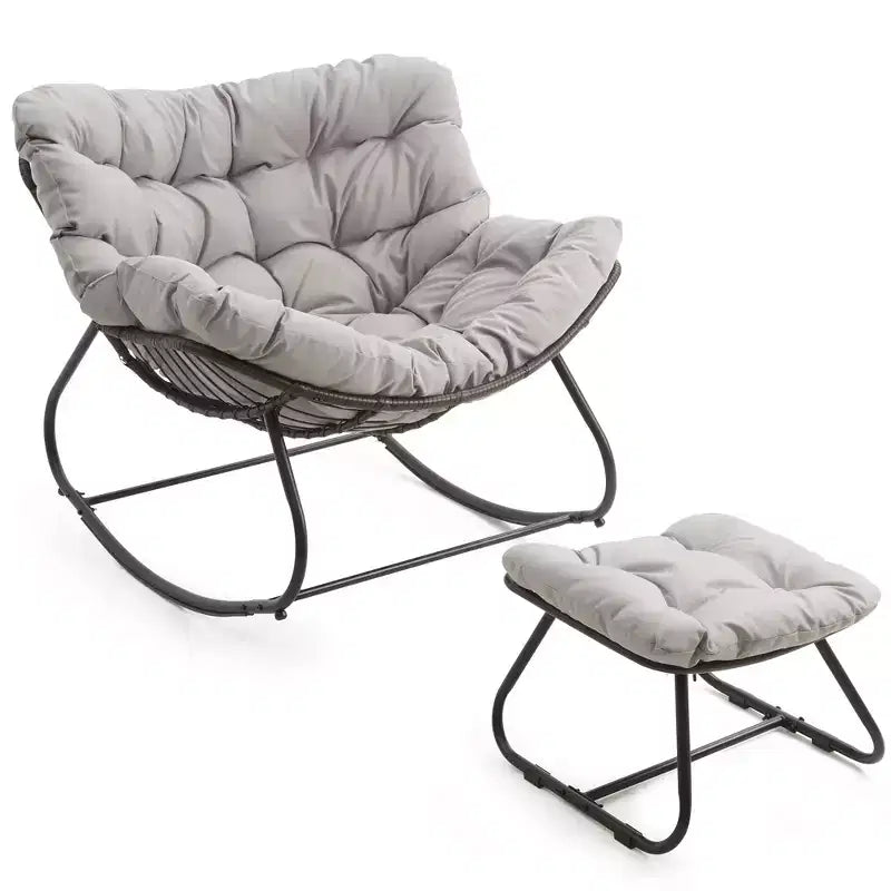 Heynemo Terrassen-Schaukelstuhl mit Hocker, Eiformiger Schaukelstuhl für drinnen und draußen mit Kissen, Überdimensionaler Papasan-Loungesessel aus Metall, Lesesessel