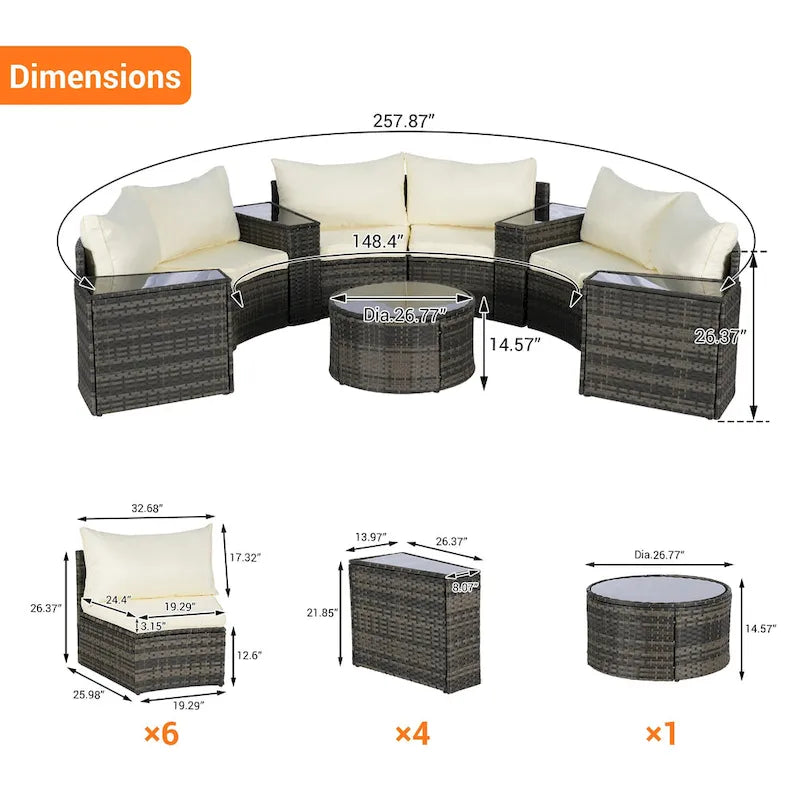 11-teiliges modulares Outdoor-Sofa-Set mit halbrunden Elementen, Couchtisch aus gehärtetem Glas und 4 Beistelltischen
