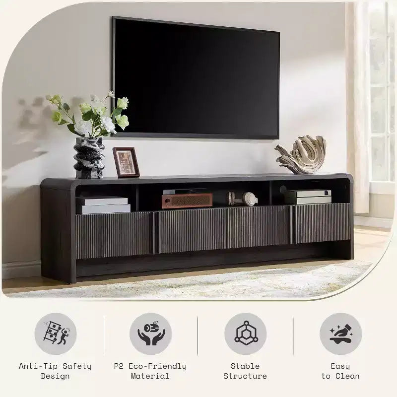 AMERLIFE 70" Modernes TV-Lowboard mit geriffeltem Design & Staufächern, für Fernseher bis 80", Holz-Mediakonsole für das Wohnzimmer