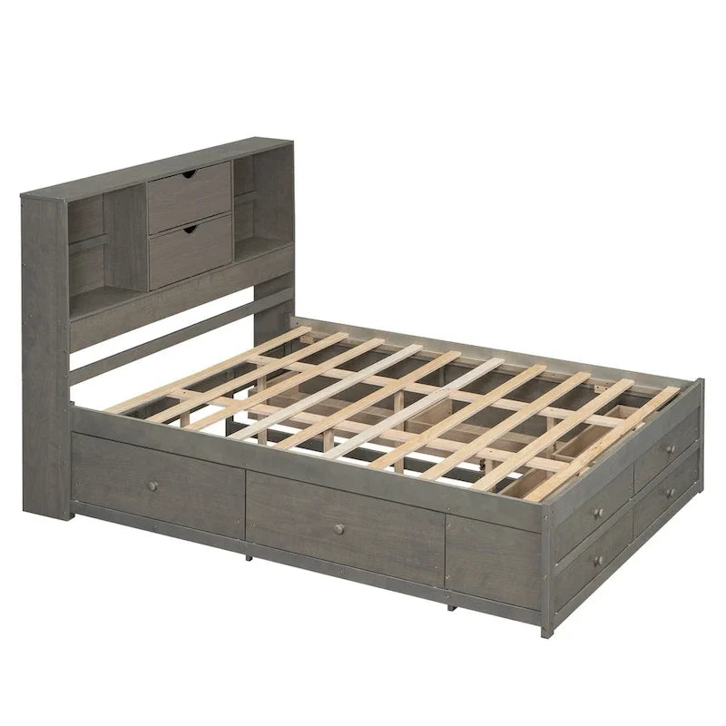 Graues modernes Queen-Size-Holzbett mit Stauraum-Kopfteil und 8 Schubladen