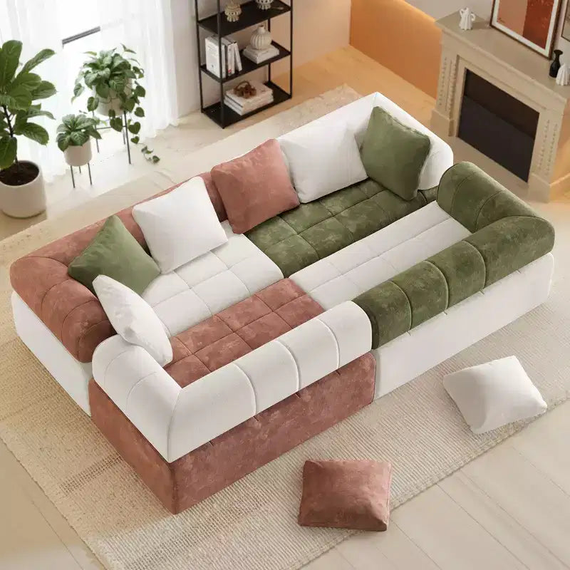 280 cm breites, modulares 4-Sitzer-Sofa aus Chenille im Colorblock-Design mit geschwungenen Armlehnen