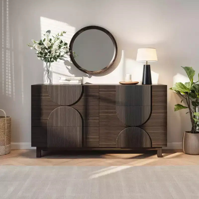 Moderne geometrische Kommode mit 6 Schubladen, breiter Aufbewahrungsschrank mit Halbkreis-Akzent für Schlaf- und Wohnzimmer