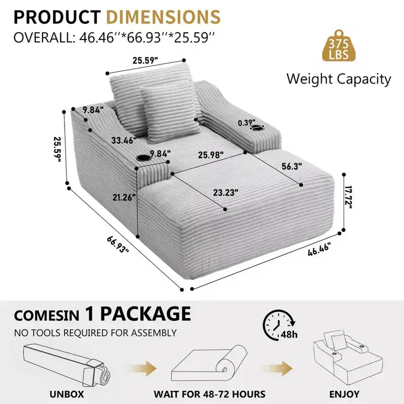 67 Liegestuhl, Schlafsofa für den Innenbereich mit 2 Kissen, weicher Einzelsessel für das Wohnzimmer, keine Montage erforderlich